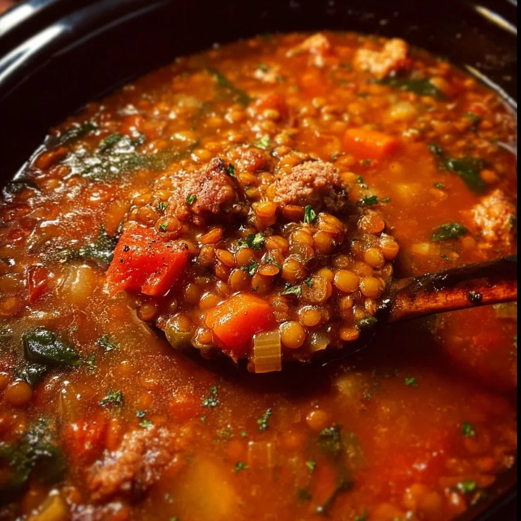 A bowl of Italian sausage lentil soup garnished with herbs