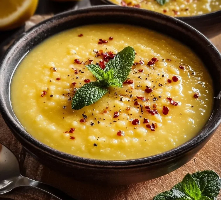 Home 8 Bowl of Lebanese Lemon Lentil Soup garnished with fresh herbs and lemon.