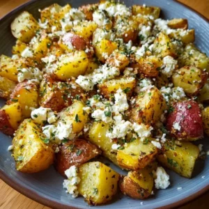 Lemon feta roasted potatoes served on a white plate