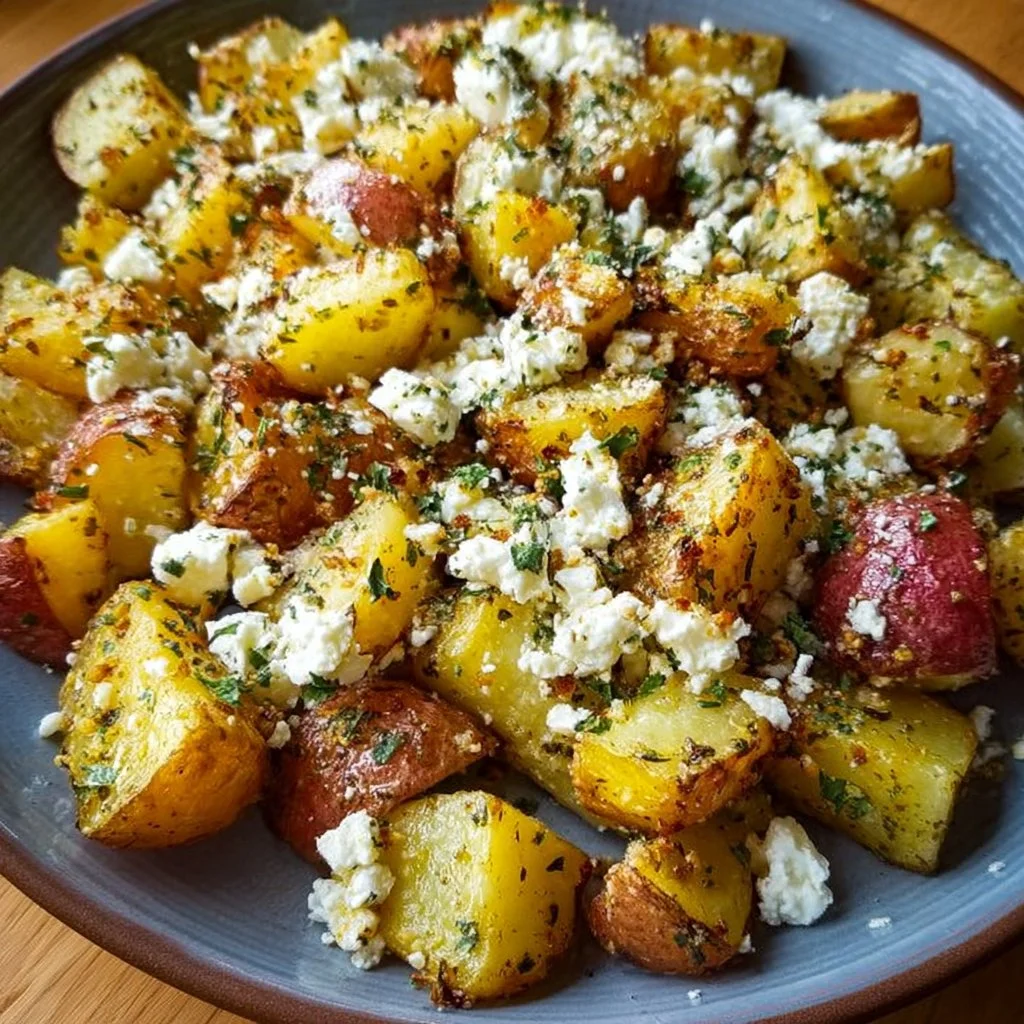 Lemon feta roasted potatoes served on a white plate