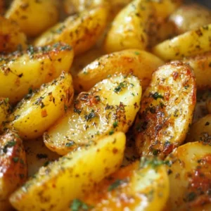 Golden-brown lemon roasted Greek potatoes garnished with herbs