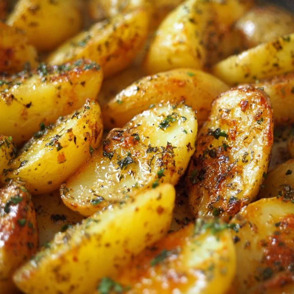 Golden-brown lemon roasted Greek potatoes garnished with herbs