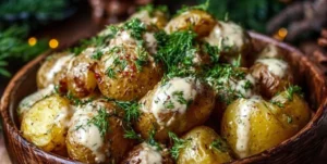 Plate of golden mustard roasted potatoes garnished with herbs