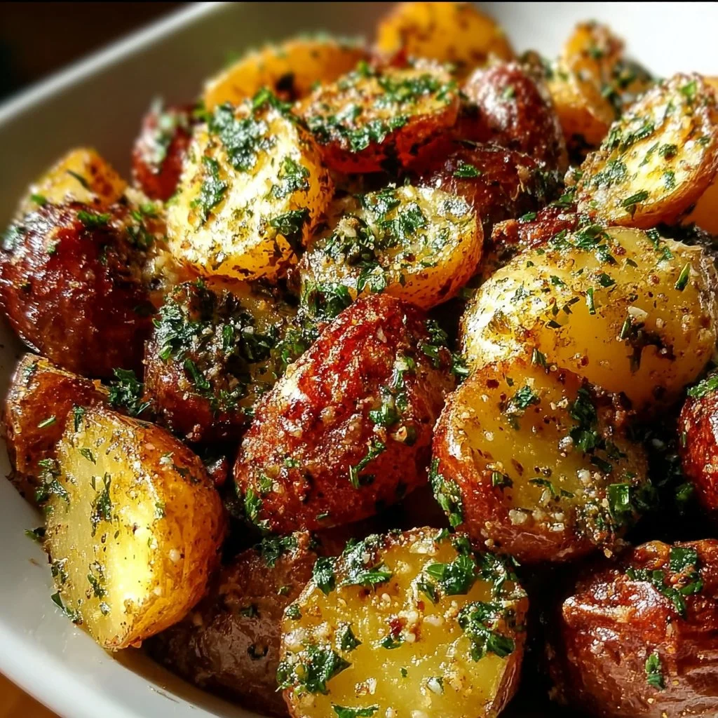 Oven Ranch Roasted Potatoes served on a plate garnished with herbs