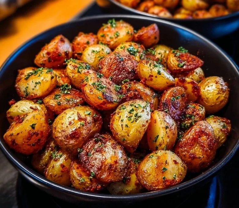 Delicious oven-roasted potatoes garnished with herbs and spices