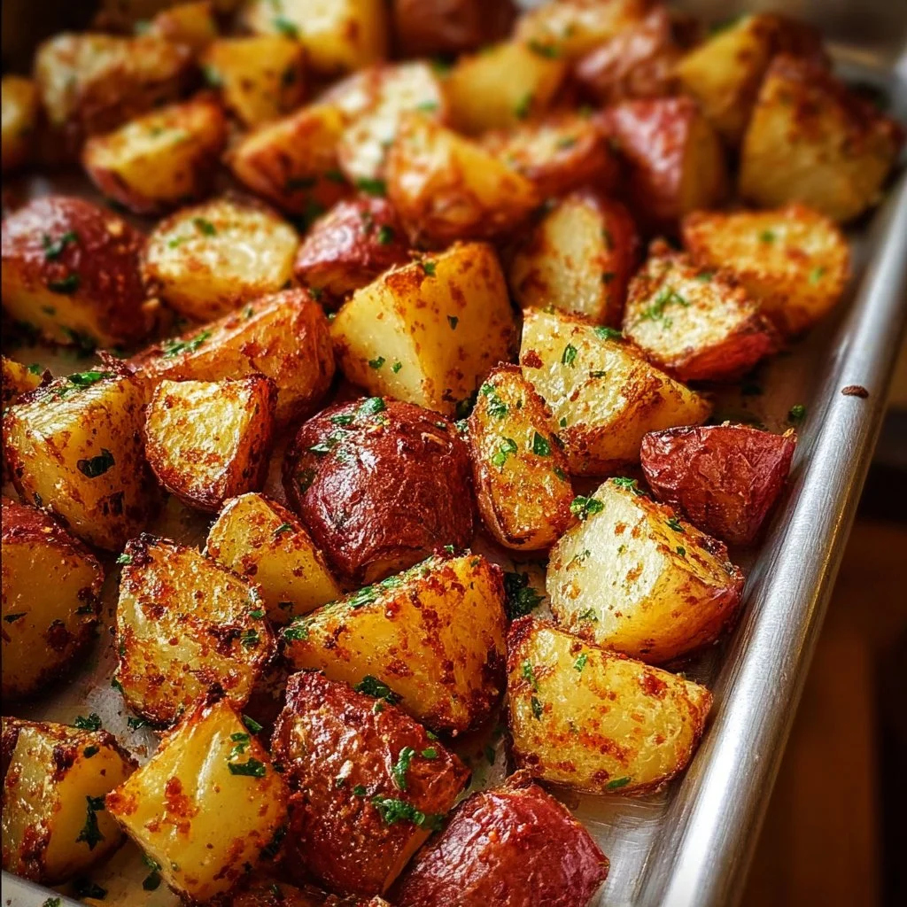 Delicious oven roasted red potatoes served on a plate.
