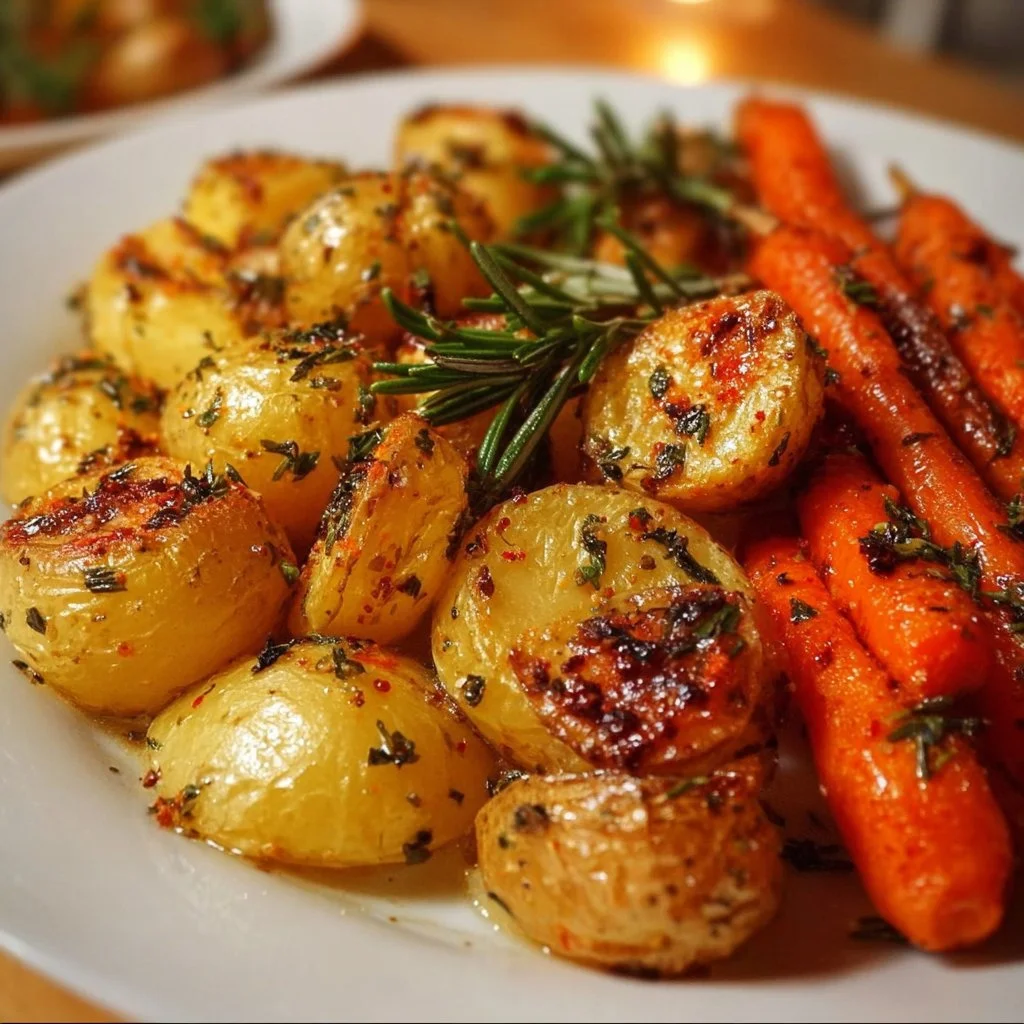 Roasted potatoes with carrots and fresh herbs on a plate