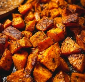 Bowl of roasted sweet potatoes seasoned and served as a tasty side dish.