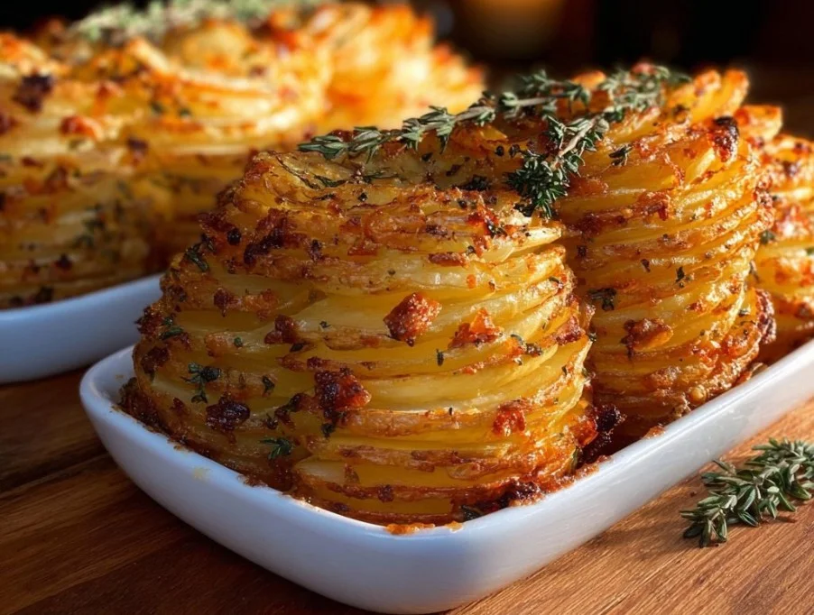 Thousand Layer Potato Roast with crispy layers and herbs, served on a plate.