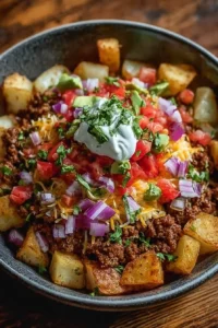 Ground Beef and Potato Taco Bowl topped with roasted potatoes and fresh toppings