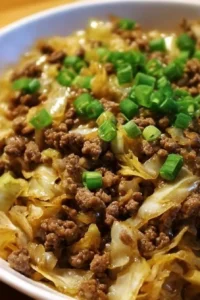 Low-carb beef cabbage skillet dish served in a pan