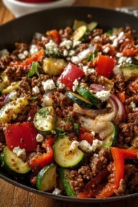 Delicious Mediterranean ground beef stir fry served with fresh vegetables