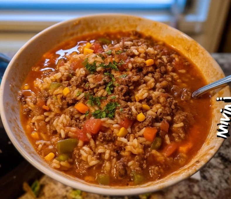A bowl of Mexican beef and rice soup garnished with fresh herbs