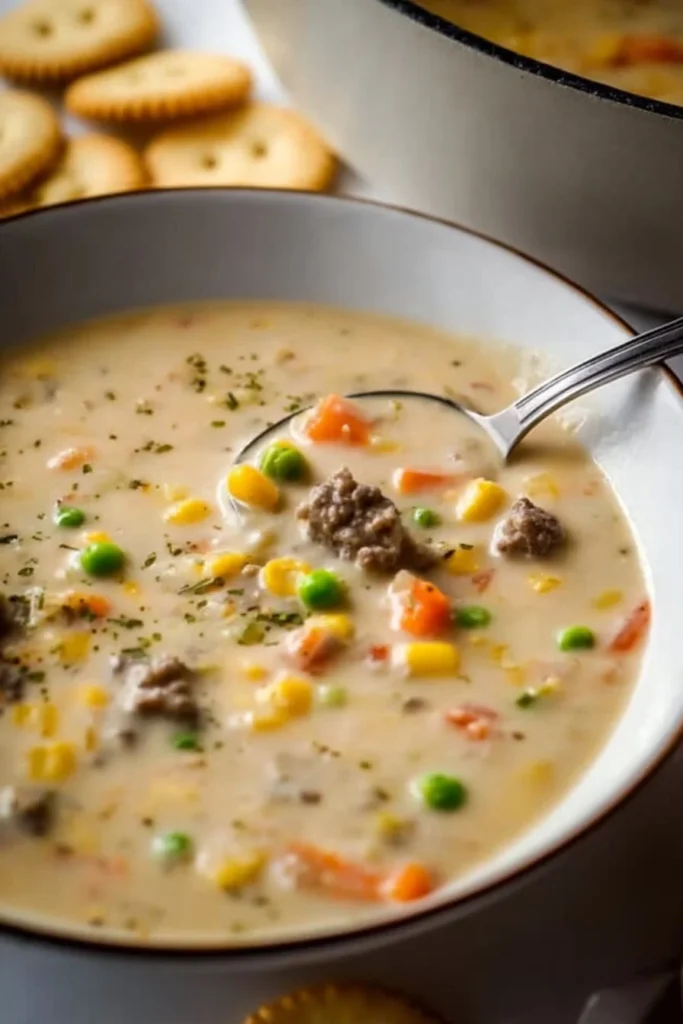 Delicious bowl of Shepherd's Pie Soup topped with fresh herbs