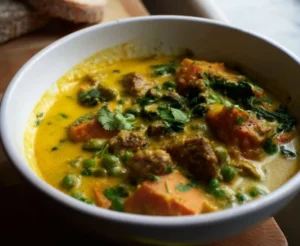 Sweet Potato Lentil Stew with Coconut Milk and Ginger served in a bowl