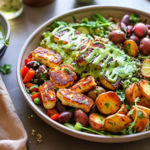 Speedy Crispy Halloumi Greek Power Bowl: A Quick Veggie Delight with Herb Roasted Potatoes & Quinoa 2 image 841