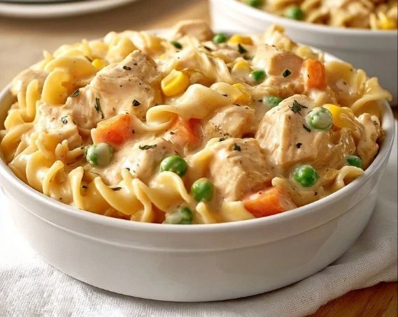 Creamy chicken pot pie pasta in a serving bowl with herbs and a creamy sauce