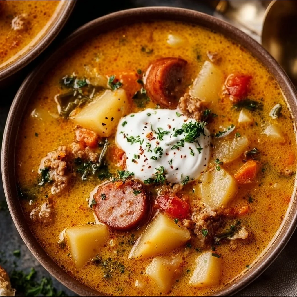 Bowl of crockpot hearty soup filled with vegetables and meat, perfect for comfort food.