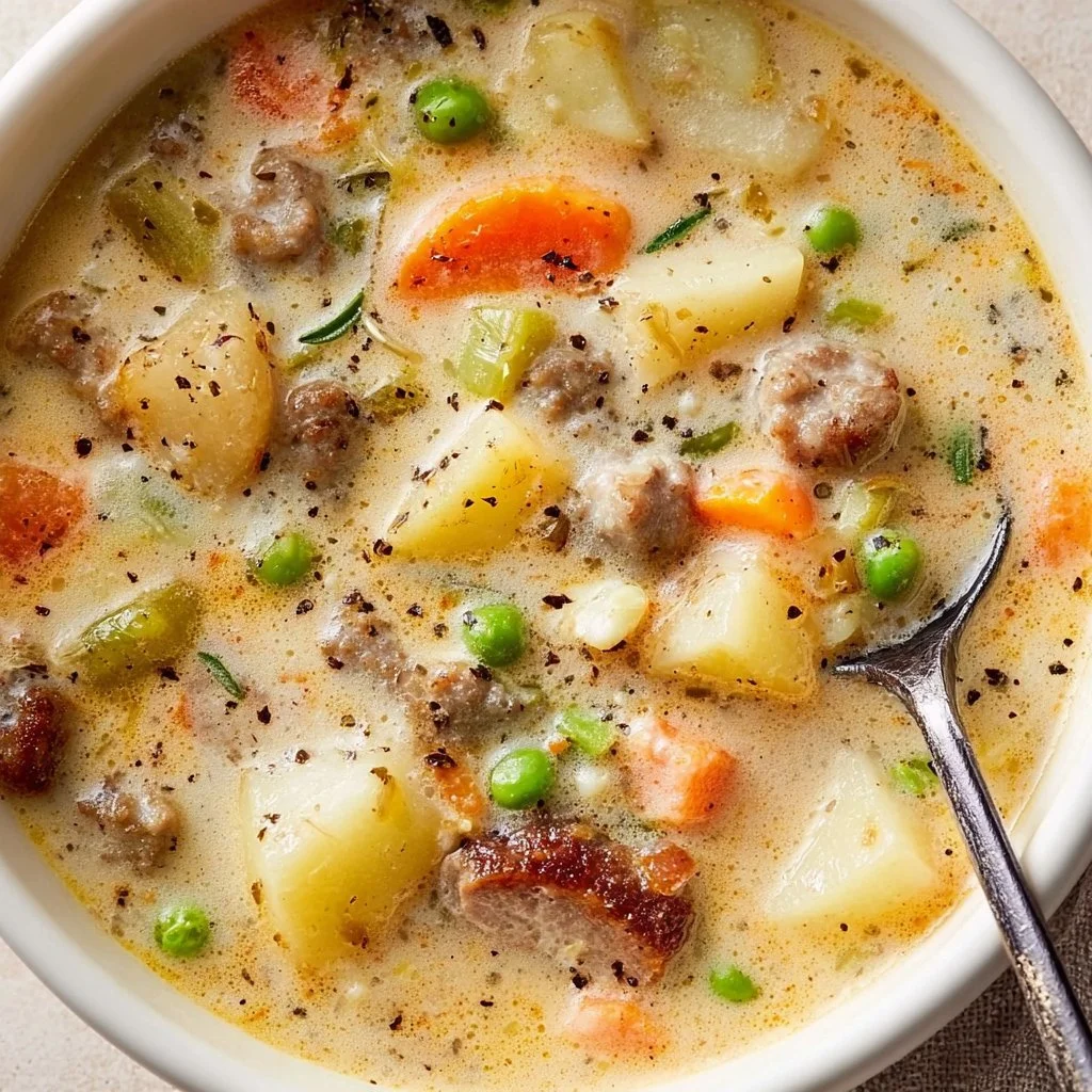 Bowl of protein packed shepherd's pie soup with vegetables and meat