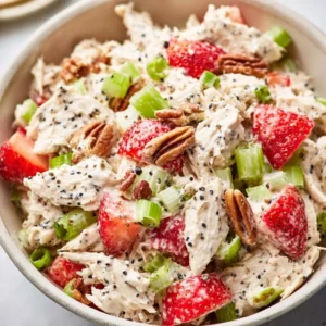 Strawberry Pecan Poppy Seed Chicken Salad in a bowl with fresh ingredients
