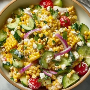 Delicious street corn cucumber salad served in a bowl.