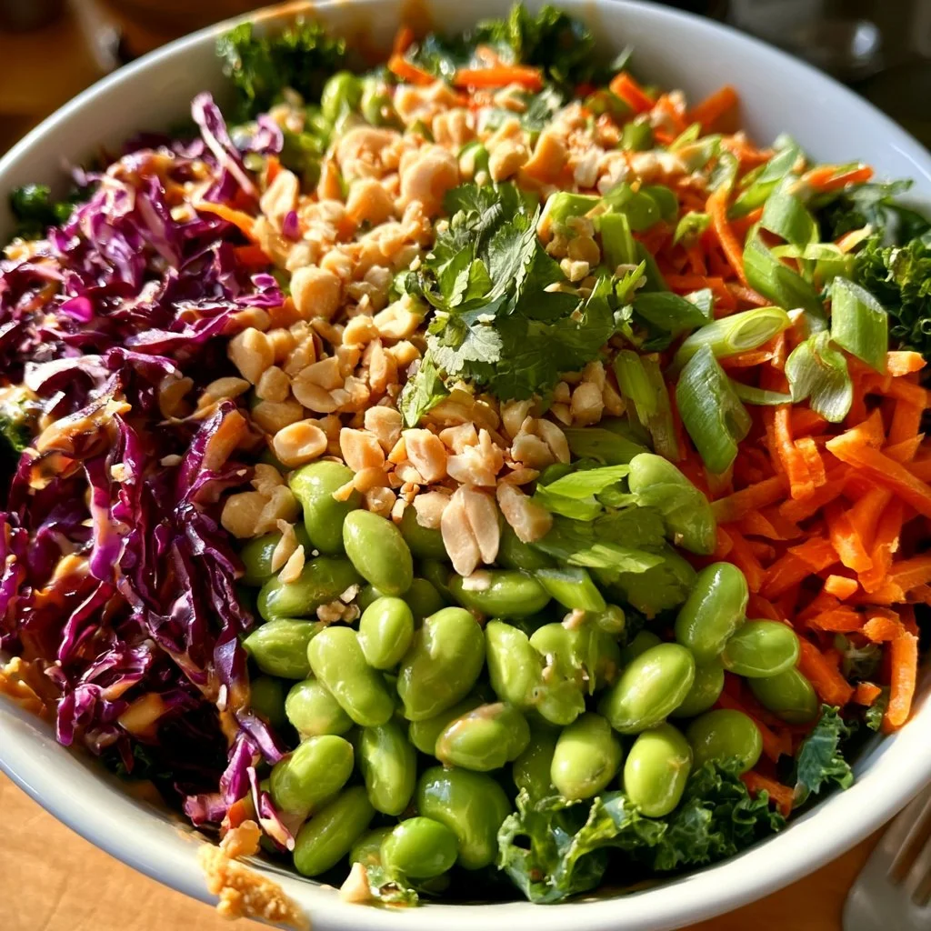 Peanut Sauce Edamame Salad with vibrant vegetables on a plate