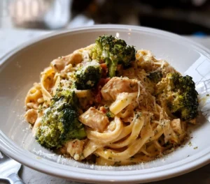 30-Minute Chicken Broccoli Pasta with Garlic and Cream served in a bowl