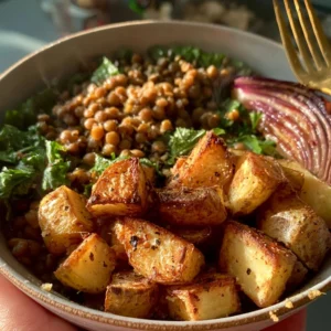 Healthy crispy lentil potato bowl recipe served in a rustic bowl