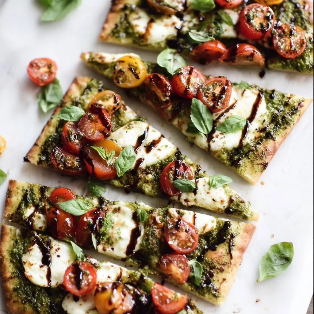 Cheesy Caprese flatbread topped with fresh basil, tomatoes, and mozzarella cheese.