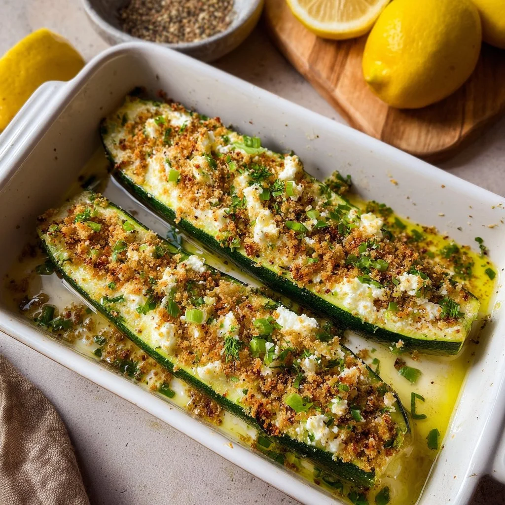 Cheesy feta stuffed zucchini ready to be served