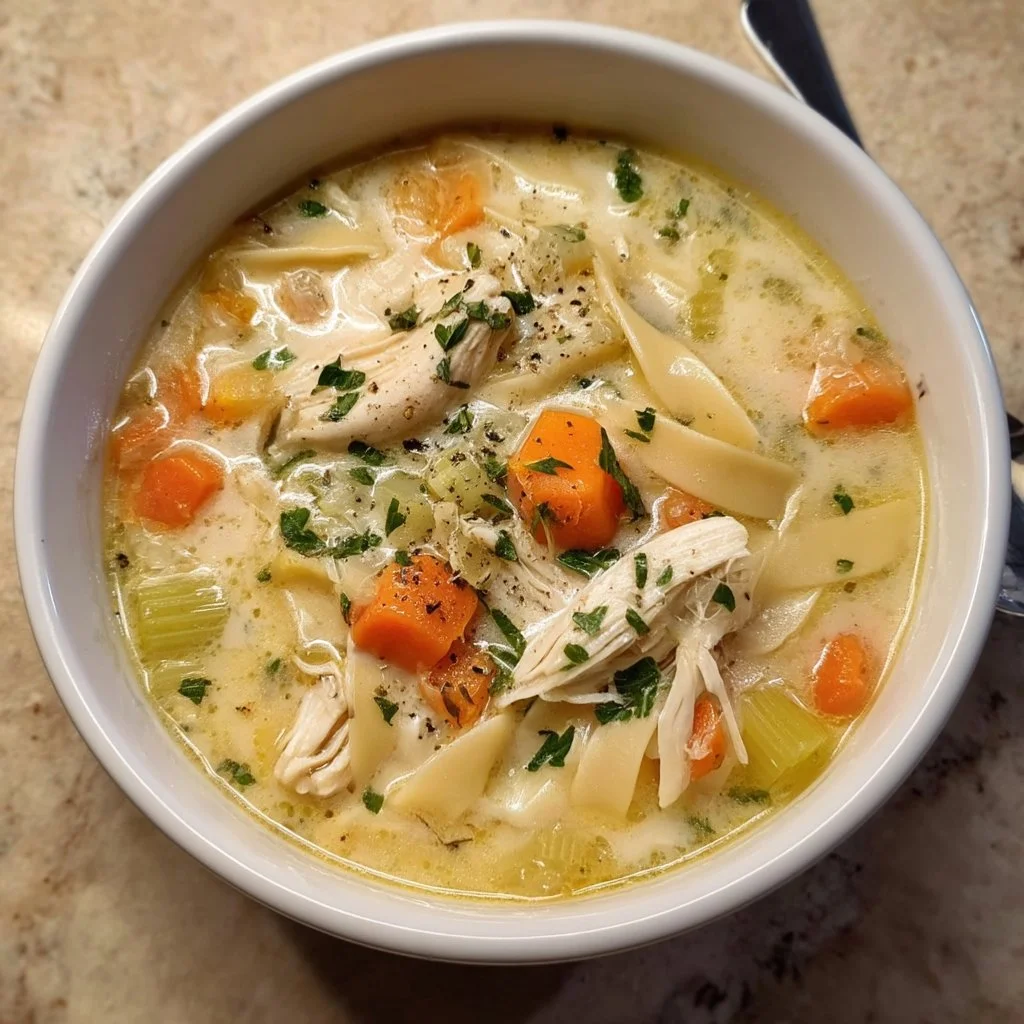 Bowl of creamy chicken noodle soup with vegetables and noodles on a cozy night.