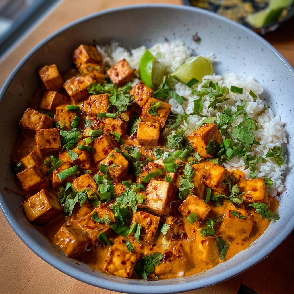 Creamy Coconut Lime Tofu dish served on a plate with fresh lime slices