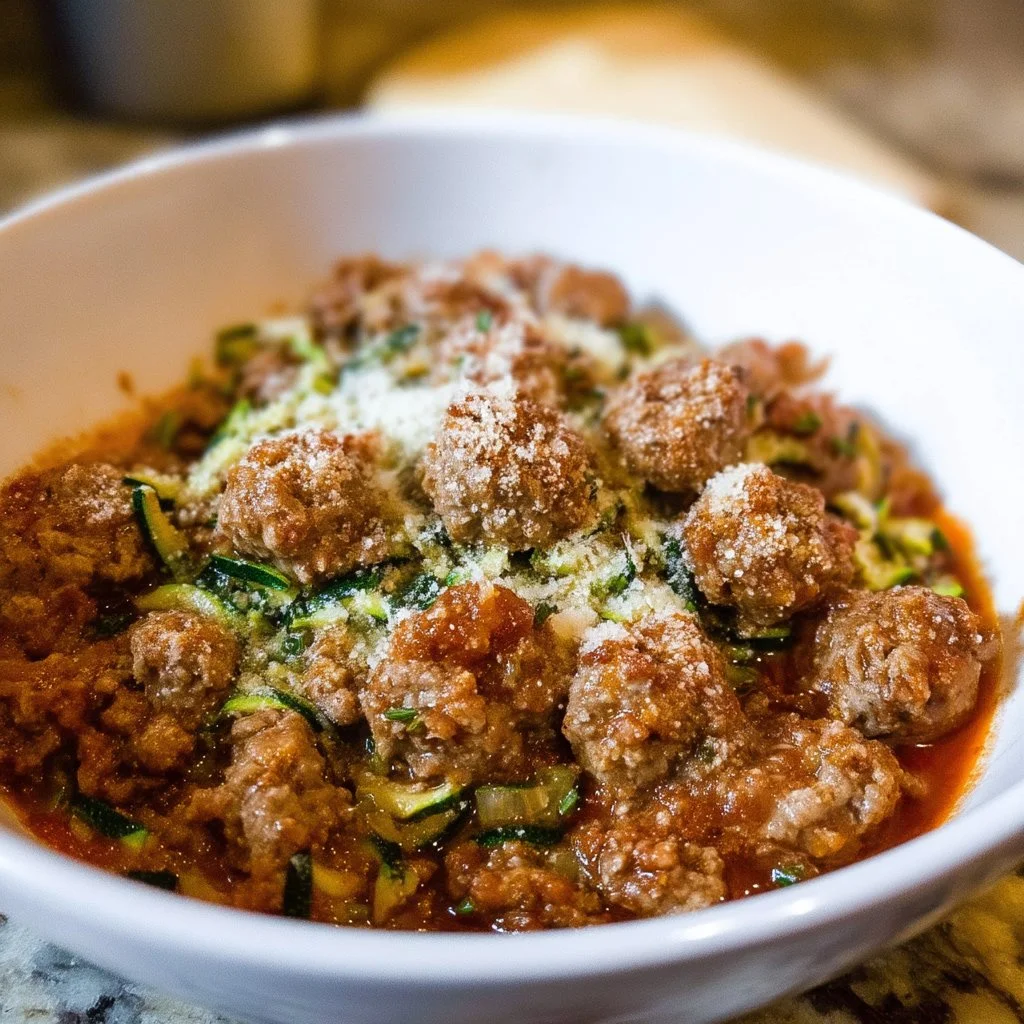 Golden Turkey Zucchini Meatballs on a plate with fresh herbs and a side sauce