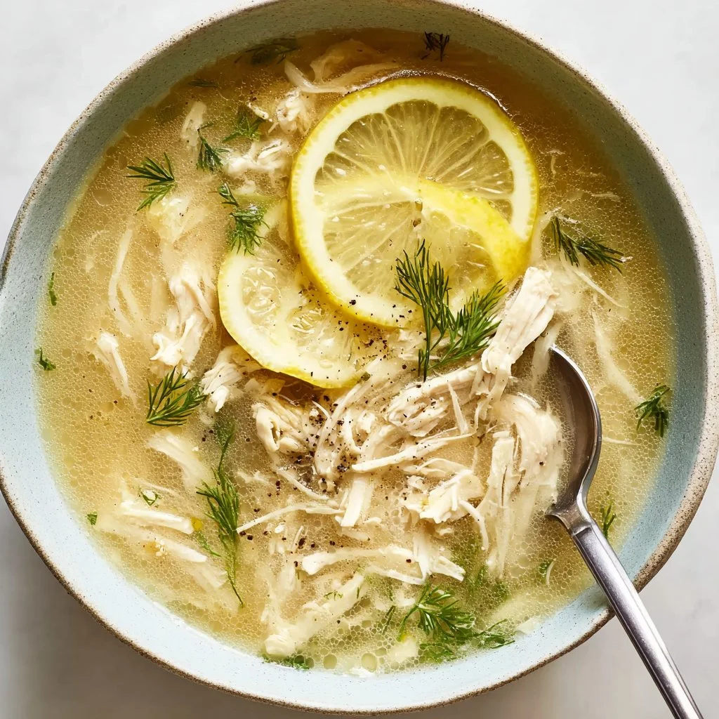 Bowl of Greek Egg and Lemon Soup garnished with herbs
