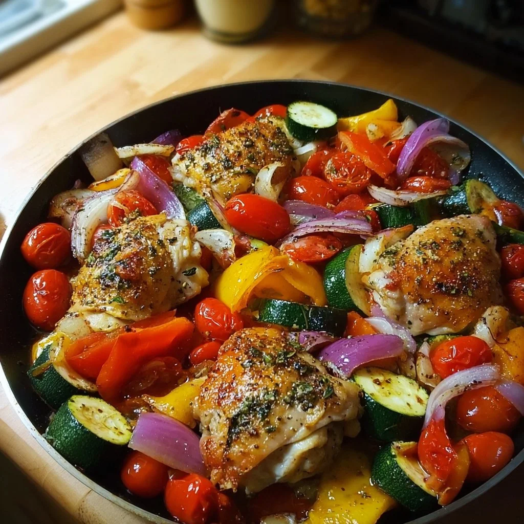 Greek Sheet Pan Chicken with vegetables on a baking tray for a healthy meal