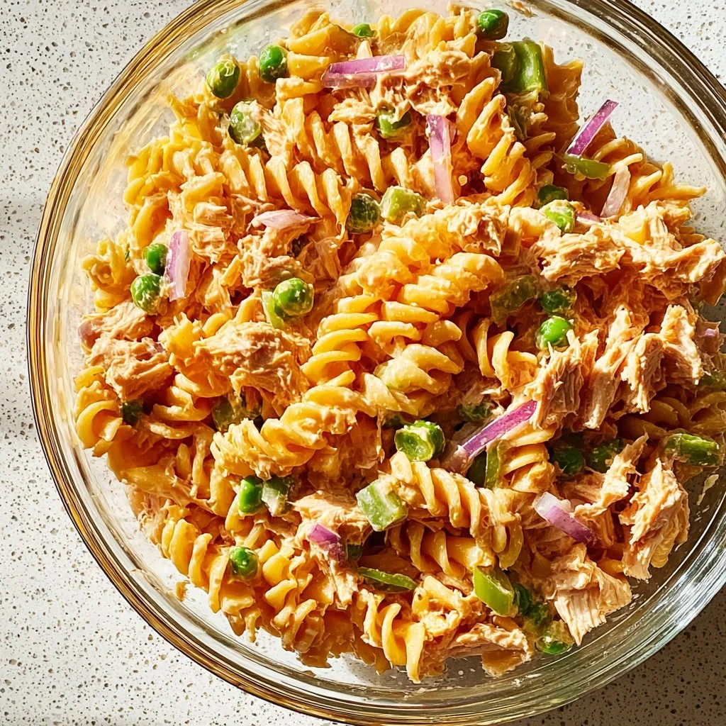 High-protein tuna pasta salad served in a bowl, ideal for lunch prep.