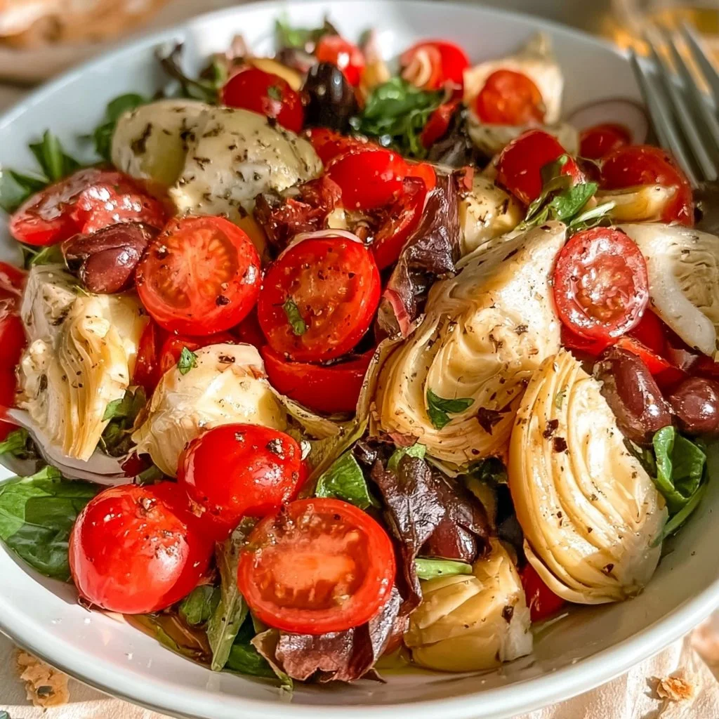 Delicious Italian artichoke tomato salad served in a bowl with fresh herbs