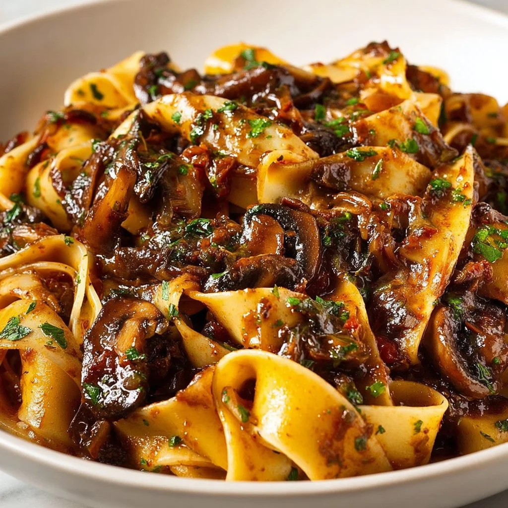 A delicious bowl of mushroom ragu served with pasta for a comforting meal.