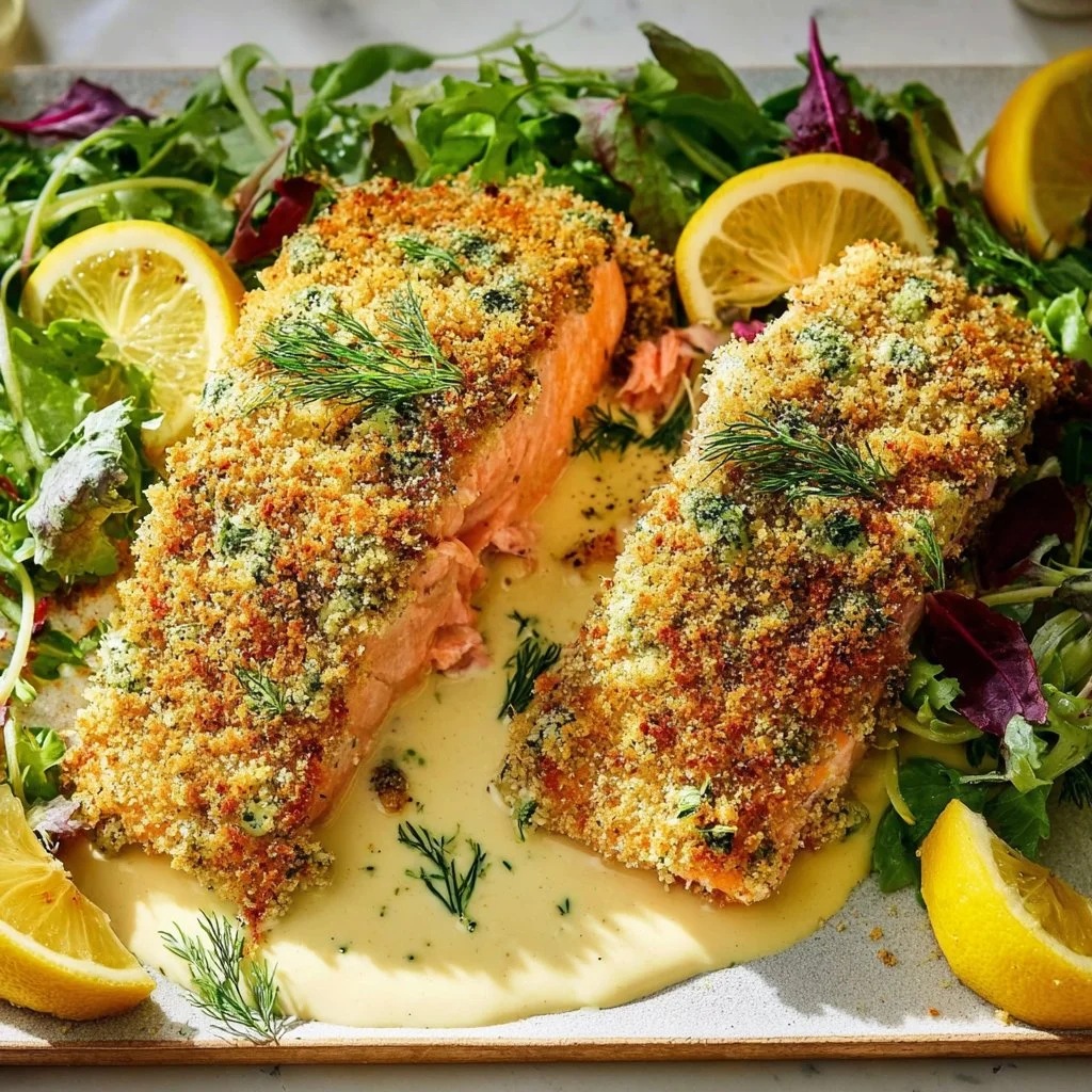 Oven-baked parmesan salmon with a crispy crust, served on a plate.