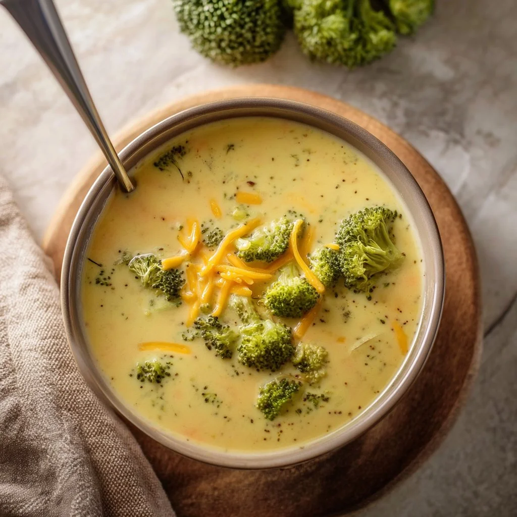 Protein-rich broccoli cheddar soup in a steaming bowl, garnished with fresh broccoli.