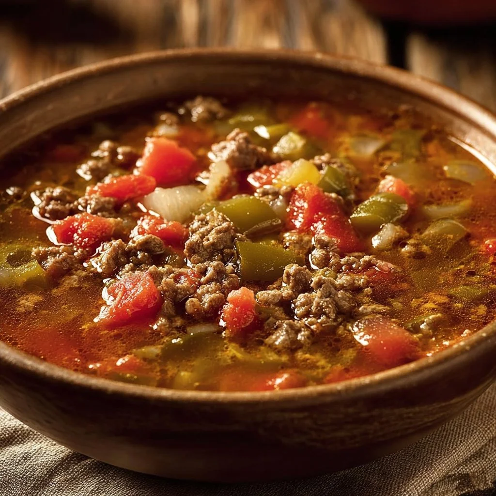 Savory green chile stew with ground beef in a bowl, garnished with fresh herbs.