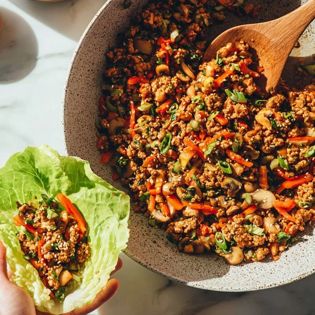 Healthy tofu lettuce wraps prepared for meal prep, garnished and colorful.