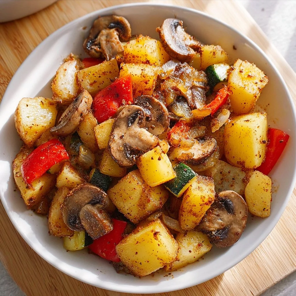 Savory vegan breakfast hash served in a bowl with colorful vegetables